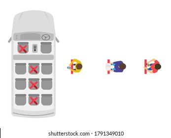 Safe travels under Covid-19,top view of van or bus public transportation, People wait in line for van, keep distance for 2 meters, social distancing concept, new normal,vector illustration