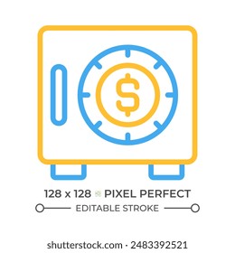 Icono de línea segura de dos colores. Caja de efectivo. Contenedor seguro para almacenar dinero. Espacio de almacenamiento. Símbolo de contorno bicolor de bóveda de banco. Pictograma lineal de duotono. Ilustración aislada Trazo editable