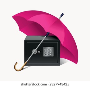 Safe under a red umbrella. The concept of a secure safe. Vector 3d illustration