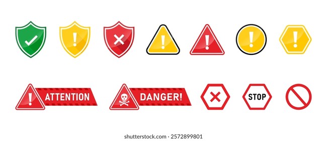 Safe and unsafe caution road sign icon set. Caution signs, construction, protection, do not cross, danger, warning, and suspicious activity icon pack. Vector illustration with transparent background.