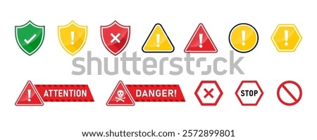 Safe and unsafe caution road sign icon set. Caution signs, construction, protection, do not cross, danger, warning, and suspicious activity icon pack. Vector illustration with transparent background.
