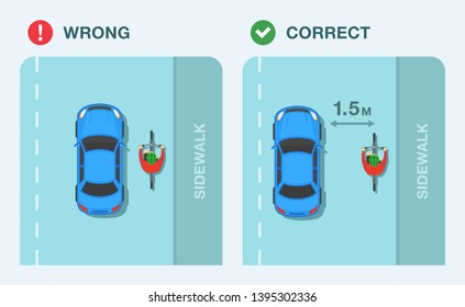 Safe and unsafe distance. Driver overtaking a cyclist on road. Top view of cycling bike rider. Keep your distance for safety ride. Flat vector illustration template.