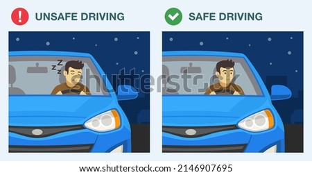 Safe and unsafe driving at night. Close-up front view of a drowsy driver on city road. Young male character driving a blue sedan car. Flat vector illustration template.