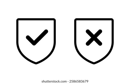 Safe and unsafe icon. Shield outline with check mark and x cross sign symbol