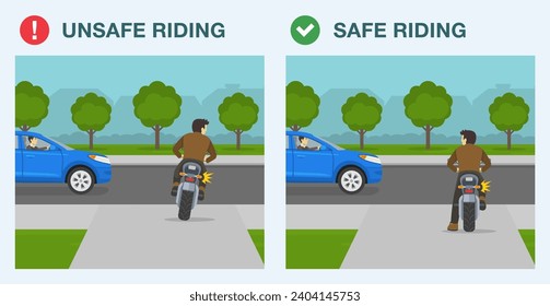 Safe and unsafe motorcycle riding. Back view of a male biker leaving the garage. Flat vector illustration template.