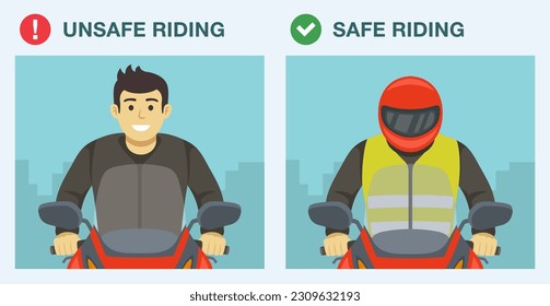 Safe and unsafe motorcycle riding. Close-up of a moto rider wearing helmet and vest. Flat vector illustration template.