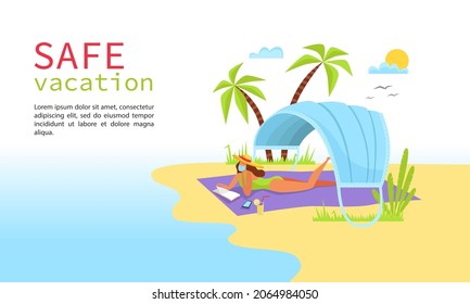 Safe vacation concept, travel. A woman in a swimsuit lies on the beach with a protective mask on her face, a canopy from the sun in the form of a mask. Vector flat illustration