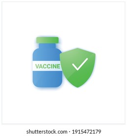 Safe vaccine flat icon. Successfully trialed and approved vaccine. Cure search, vaccine development. Stop coronavirus pandemic. Fight against Covid19 disease. 3d vector illustration