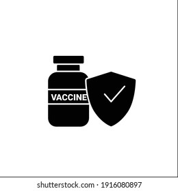 Safe vaccine glyph icon.Successfully trialed and approved vaccine. Cure search, vaccine development.Stop coronavirus pandemic.Covid-19 disease.Filled flat sign. Isolated silhouette vector illustration
