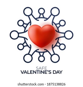 Safe valentine day concept. Red valentine love heart and outline Quarantine biohazard danger. Coronavirus Covid and love heart. Vector illustration 