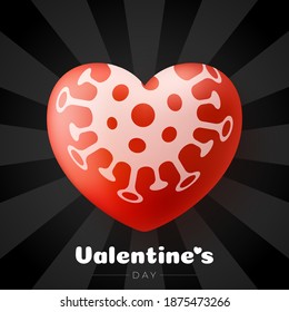 Safe valentine day concept. Red valentine love heart and Quarantine biohazard danger. Coronavirus Covid and love heart. Vector illustration 