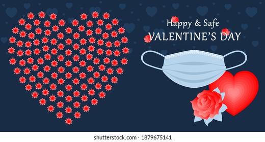 Safe Valentine's Day background: heart of coronavirus cells, medical mask, rose flower, text. Red, blue colors. Vector for banner, greeting card, protection on holidays, safety first concept.