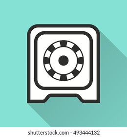 Safe vector icon with long shadow. Illustration isolated on green background for graphic and web design.