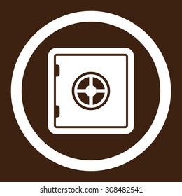 Safe vector icon. This flat rounded symbol uses white color and isolated on a brown background.