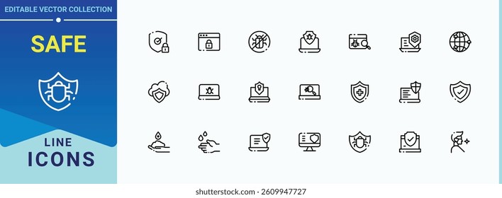 Safe vector line icon set. Contains outline symbols like hacker, firewall, protection, security and more. Antivirus icon set. Icons for website. Vector illustration.
