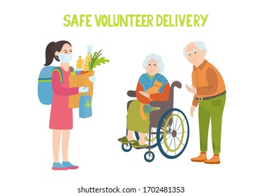 Safe volunteer delivery. Lettering and Illustration of senior couple and a young woman with a protective mask and gloves. She brought  medicine and a package full of food to help vulnerable people.