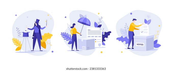 Safe voting flat concept vector illustrations set. Political election. Protect voters bulletins from trick cartoon composition. Stop scammers at vote idea for website, mobile, presentation