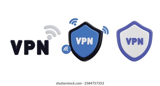 Safe VPN icon with protect shield icon set concept of internet security icon 3d render