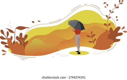 Safe Walk With Umbrella In Autumn. Woman Walking With Black Umbrella. Modern, Doodle Style With Flowers, And Yellow, And Brown Background.