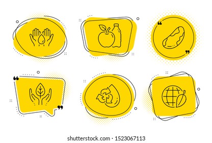Safe water, Brazil nut and Environment day signs. Chat bubbles. Apple, Recycle water and Fair trade line icons set. Diet food, Refill aqua, Safe nature. Hold drop. Nature set. Line apple icon. Vector