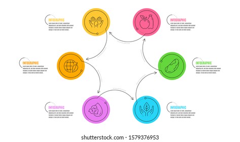 Safe water, Brazil nut and Environment day signs. Infographic timeline. Apple, Recycle water and Fair trade line icons set. Diet food, Refill aqua, Safe nature. Hold drop. Nature set. Vector