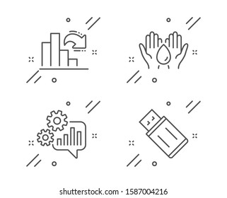 Safe water, Cogwheel and Decreasing graph line icons set. Usb flash sign. Hold drop, Engineering tool, Column chart. Memory stick. Technology set. Line safe water outline icon. Vector