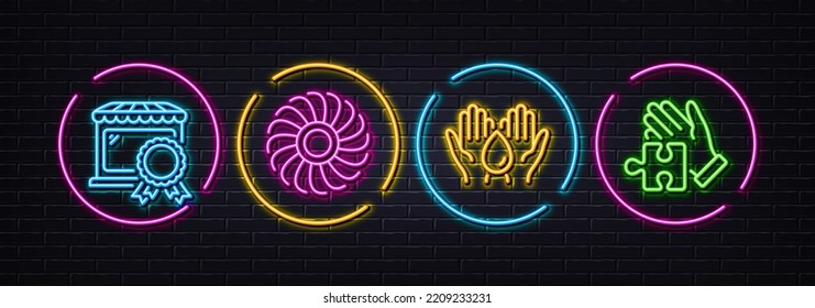 Safe water, Fan engine and Best market minimal line icons. Neon laser 3d lights. Puzzle icons. For web, application, printing. Hold drop, Ventilator, Certified store. Jigsaw game. Vector