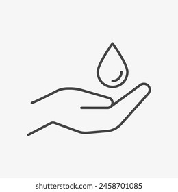 Safe water line icon. Dermatology tested, hand with water drop. Clinic icon, allergy free. Vector illustration