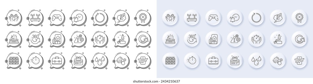 Iconos de agua potable, tarjeta de fidelidad y línea de estante de cajas. Botones 3d de pin blanco, iconos de burbujas de chat. Paquete de Gps, 360 grados, icono de medalla de rechazo. Vector