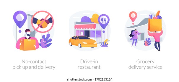 Safe way to get food and essentials abstract concept vector illustration set. No-contact pick up and delivery, drive-in restaurant, grocery delivery service in covid-2019 quarantine abstract metaphor.