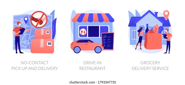 Safe way to get food and essentials abstract concept vector illustration set. No-contact pick up and delivery, drive-in restaurant, grocery delivery service in covid-2019 quarantine abstract metaphor.