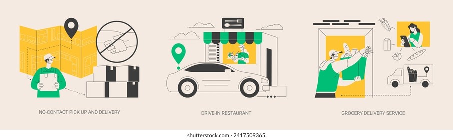 Safe way to get food and essentials abstract concept vector illustration set. No-contact pick up and delivery, drive-in restaurant, grocery delivery service in quarantine abstract metaphor.