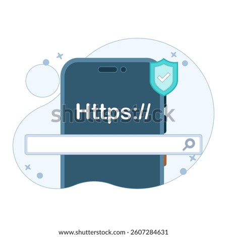 Safe website browsing concept, smart device with search engine bar, HTTPS lock and shield icon, online security and the importance of visiting protected sites. Flat design illustration