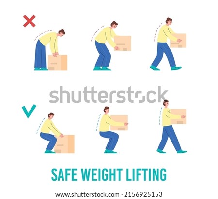 Safe weight lifting manual with correct and incorrect ways, flat vector illustration isolated on white background. Man carrying heavy boxes. Back and spine safety concept.