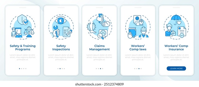 Safe work environment blue onboarding mobile app screen. Walkthrough 5 steps editable graphic instructions with linear concepts. UI, UX, GUI template