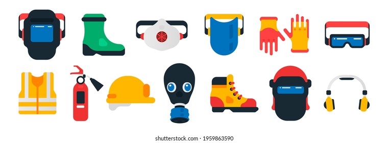 Safe work items set. A collection of personal protective equipment for a construction site worker. Workplace safety. Welding mask, vest, fire extinguisher, respirator, gas mask. Vector illustration.