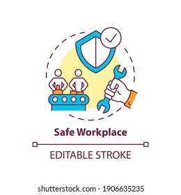 Safe workplace concept icon. Workplace safety elements. Everyday safety for emloyee health. Life saving strategy idea thin line illustration. Vector isolated outline RGB color drawing. Editable stroke