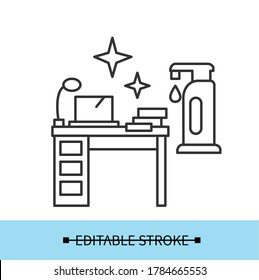 Safe Workplace Icon. Clean, Tidy And Shiny Office Desk With Sanitizer Bottle Line Pictogram. Concept Of Personal Hygiene And Health Safety Recommendations At Work. Editable Stroke Vector Illustration