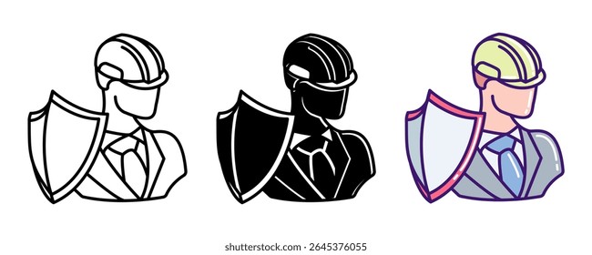 Safe Workplace icon represented by worker wearing safety helmet Line, Filled, Color style.