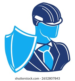 Icono de lugar de trabajo seguro representado por un trabajador que lleva un casco de seguridad estilo Dualtone.