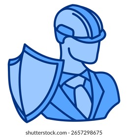 Safe Workplace icon represented by worker wearing safety helmet Blue style.