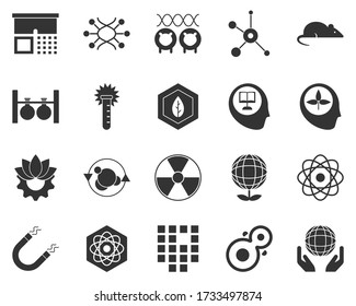 Safe, world. Bioengineering glyph icons set. Biotechnology for health, researching, materials creating. Molecular biology, biomedical and molecular engineering