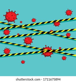 safe zone no entry yellow tape with illustration of corona virus 
