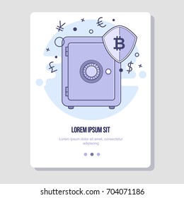 Safebox with bitcoins. Protection technology. Flat line illustration for web and app.