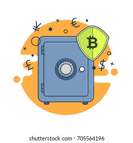 Safebox with bitcoins. Protection technology. Flat line illustration for web and app.