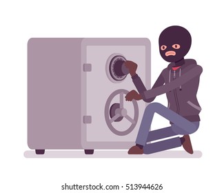 Safecracker cracking a safe ineffectually manipulating the lock to get the right combination open the safe. Cartoon vector flat-style concept illustration