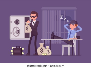 Safecracking man. Masked thief breaking open into a safe, robbing office, stealing money bag while security guard is sleeping not notice intruder and damage. Vector flat style cartoon illustration