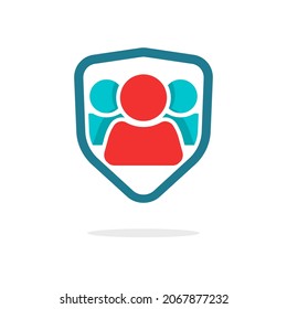 Safeguard family care protection shield icon logo vector or people and children insurance unity emblem logotype flat cartoon sign, concept of group coverage and safety symbol, secure guard community