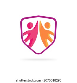 Safeguard family care unity defence protection shield icon logo vector, people and children insurance emblem logotype sign, coverage and safety symbol concept, secure guard community help