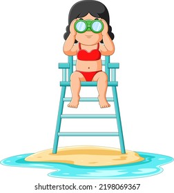 The safeguard girl is looking someone on telescope while sitting of illustration